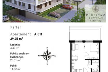Rzut - Mieszkanie na sprzedaż 2 pokoje o powierzchni 39,45 m² - numer A.011 w Perłowa Przystań - Kołobrzeg - etap II