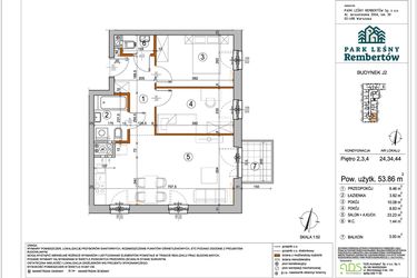 Rzut - Mieszkanie na sprzedaż 3 pokoje o powierzchni 53,86 m² - numer J2-34 w Park Leśny Rembertów etap VIII