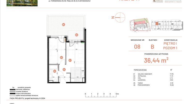 Rzut - Mieszkanie na sprzedaż 2 pokoje o powierzchni 36,44 m² - numer 12.8 w Osiedle Nowe Horyzonty etap III