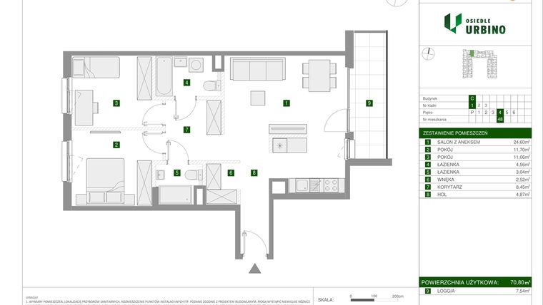 Rzut - Mieszkanie na sprzedaż 3 pokoje o powierzchni 70,8 m² - numer 1.3.C.48 w Osiedle Urbino