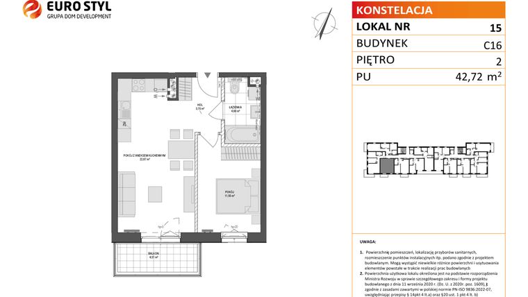 Rzut - Mieszkanie na sprzedaż 2 pokoje o powierzchni 42,72 m² - numer C16.15 w Konstelacja etap VI