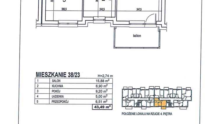 Rzut - Mieszkanie na sprzedaż 2 pokoje o powierzchni 43,49 m² - numer 38/23 w Osiedle Jodłowa bud. D