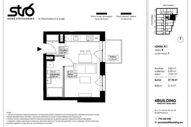 Rzut - Mieszkanie na sprzedaż 1 pokój o powierzchni 27,78 m² - numer 4.1 w Nowa Strycharska | STR 6