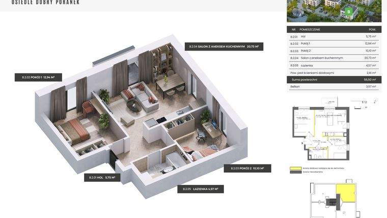 Rzut - Mieszkanie na sprzedaż 3 pokoje o powierzchni 56,5 m² - numer B.1.2 w Dobry Poranek