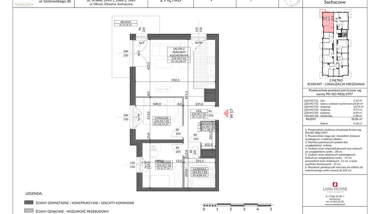 Rzut - Mieszkanie na sprzedaż 3 pokoje o powierzchni 58,86 m² - numer bud.A-M-17 w Nowe Okrzei