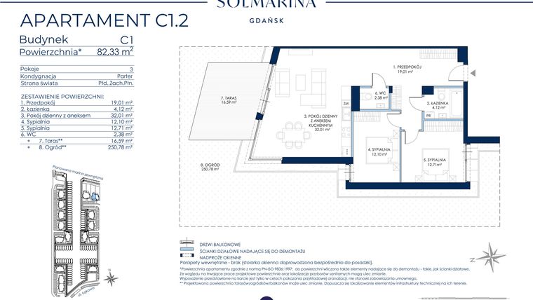 Rzut - Mieszkanie na sprzedaż 3 pokoje o powierzchni 82,33 m² - numer C1.2 w Sol Marina etap III
