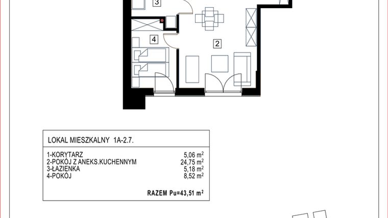 Rzut - Mieszkanie na sprzedaż 2 pokoje o powierzchni 43,51 m² - numer 1A-2.7 w Gardenia Pogodno