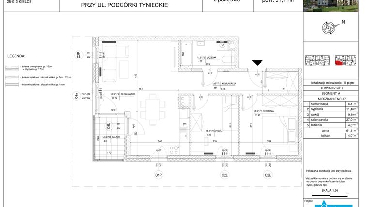 Rzut - Mieszkanie na sprzedaż 3 pokoje o powierzchni 61,11 m² - numer A17 w Podgórki Tynieckie