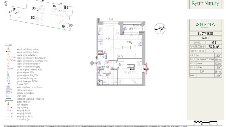 Rzut - Mieszkanie na sprzedaż 2 pokoje o powierzchni 38,44 m² - numer B6M1 w Rytm Natury