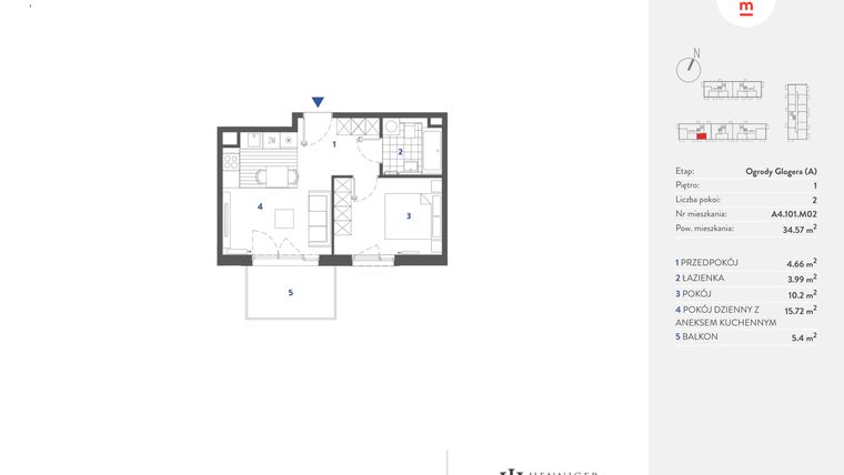 Rzut - Mieszkanie na sprzedaż 2 pokoje o powierzchni 34,31 m² - numer A4.101.M02 w Mieszkaj w mieście - Ogrody Glogera