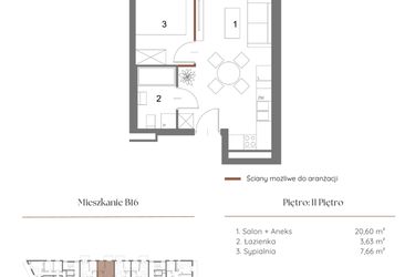 Rzut - Mieszkanie na sprzedaż 1 pokój o powierzchni 32,34 m² - numer B16 w Dąbrowskiego 9