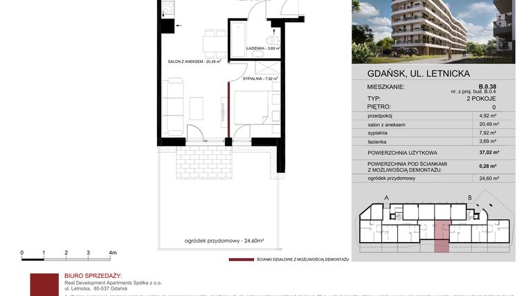 Rzut - Mieszkanie na sprzedaż 2 pokoje o powierzchni 37,02 m² - numer B.0.38 w Letnicka Residence