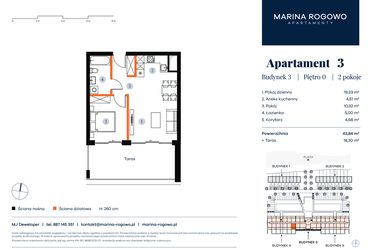 Rzut - Mieszkanie na sprzedaż 2 pokoje o powierzchni 43,84 m² - numer 3 w Apartamenty Marina Rogowo