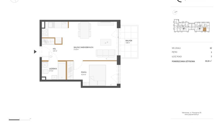 Rzut - Mieszkanie na sprzedaż 2 pokoje o powierzchni 39,3 m² - numer M.62 w Popularna 35