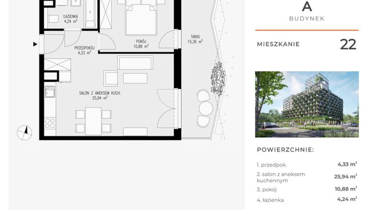 Rzut - Mieszkanie na sprzedaż 2 pokoje o powierzchni 45,39 m² - numer 22 w Semiramis