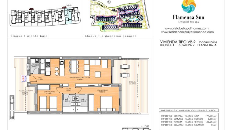 Rzut - Mieszkanie na sprzedaż 2 pokoje o powierzchni 77 m² - numer 1.9 w Flamenca Sun - Playa Flamenca