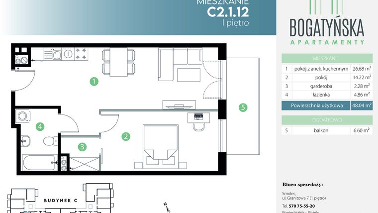 Rzut - Mieszkanie na sprzedaż 2 pokoje o powierzchni 48,04 m² - numer C2.1.12 w Bogatyńska Apartamenty etap 3