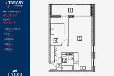 Rzut - Mieszkanie na sprzedaż 2 pokoje o powierzchni 40,3 m² - numer B2.M.6.2 w Tarasy Sobieskiego