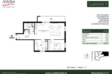 Rzut - Mieszkanie na sprzedaż 3 pokoje o powierzchni 70,98 m² - numer M5 w Szaflarska 9