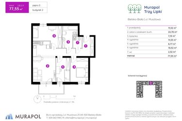 Rzut - Mieszkanie na sprzedaż 4 pokoje o powierzchni 77,58 m² - numer 2.B.3.11 w Murapol Trzy Lipki etap II