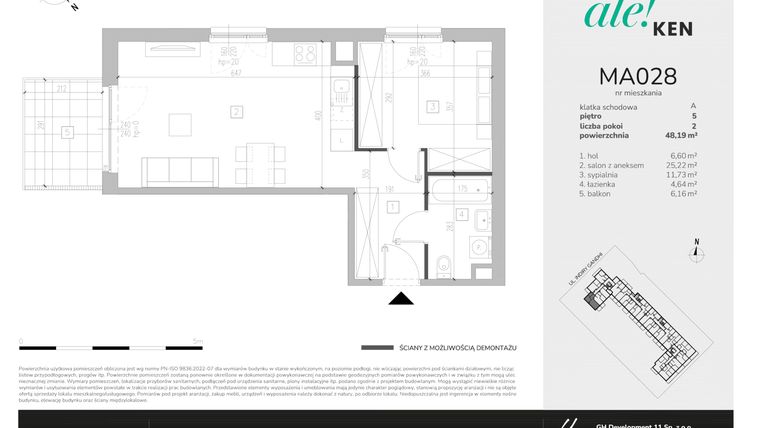Rzut - Mieszkanie na sprzedaż 2 pokoje o powierzchni 48,19 m² - numer MA028 w Ale!Ken