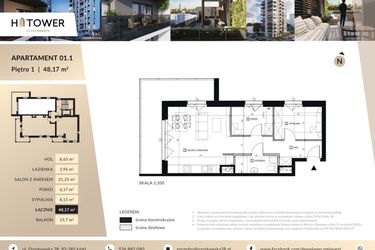 Rzut - Mieszkanie na sprzedaż 3 pokoje o powierzchni 48,17 m² - numer Hi 01.1 w Hi Tower