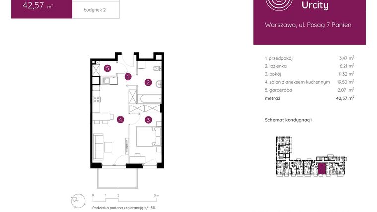 Rzut - Mieszkanie na sprzedaż 2 pokoje o powierzchni 42,57 m² - numer 2.A.8.04 w Murapol Urcity