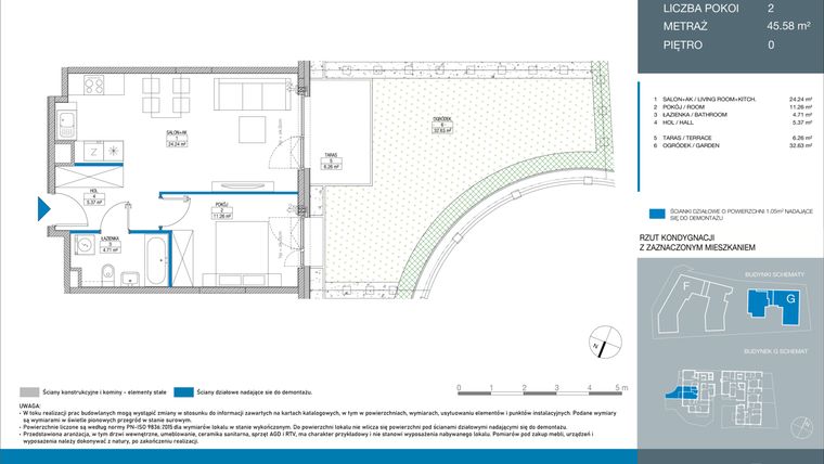 Rzut - Mieszkanie na sprzedaż 2 pokoje o powierzchni 45,58 m² - numer GC0003 w Spokojny Mokotów etap II