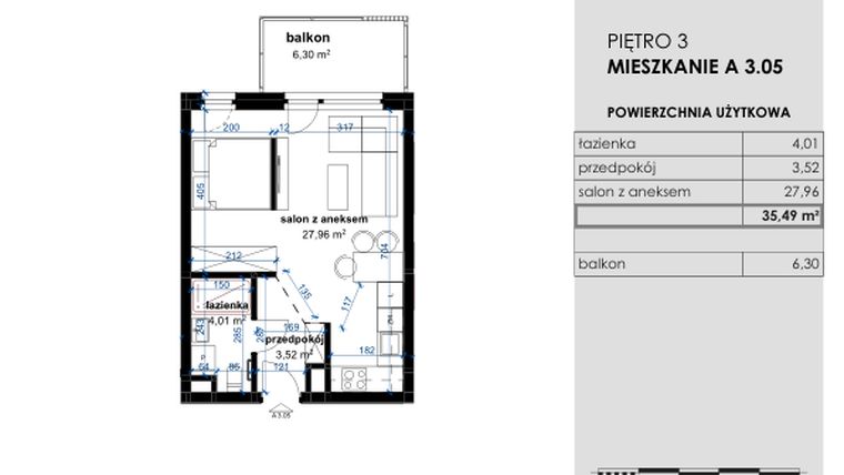 Rzut - Mieszkanie na sprzedaż 1 pokój o powierzchni 35,49 m² - numer A 3.05 w Osiedle Kwiatowe