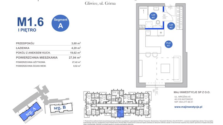 Rzut - Mieszkanie na sprzedaż 1 pokój o powierzchni 27,94 m² - numer M1.6 w Osiedle Majowe 2.0 etap II