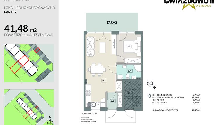 Rzut - Mieszkanie na sprzedaż 2 pokoje o powierzchni 41,48 m² - numer A17.1 w Gwiazdowo II