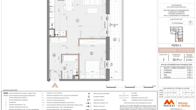 Rzut - Mieszkanie na sprzedaż 2 pokoje o powierzchni 50,91 m² - numer F1.A.03.07 w Bukowińska Mokotów