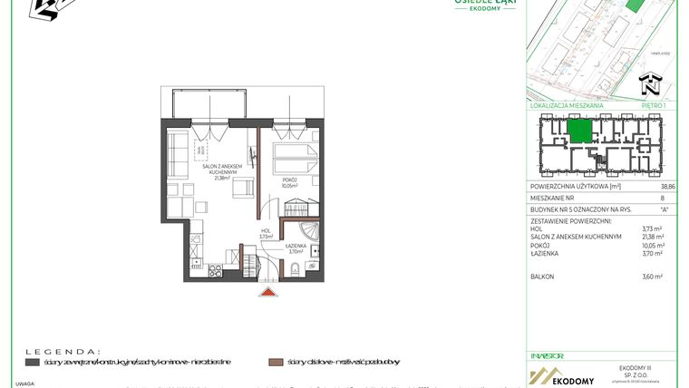 Rzut - Mieszkanie na sprzedaż 2 pokoje o powierzchni 38,86 m² - numer 8 w Osiedle Polna bud. 5