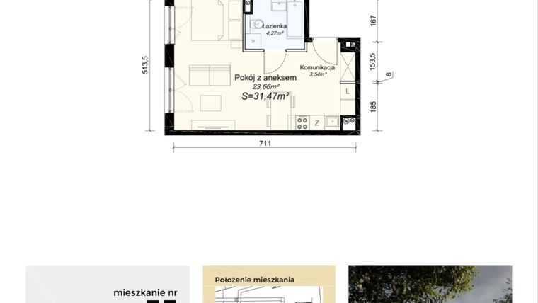 Rzut - Mieszkanie na sprzedaż 1 pokój o powierzchni 31,47 m² - numer M35 w Łupkowa Park 2
