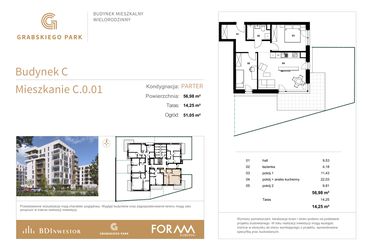 Rzut - Mieszkanie na sprzedaż 3 pokoje o powierzchni 56,98 m² - numer C.0.01 w Grabskiego Park