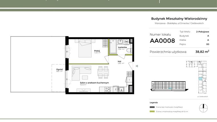Rzut - Mieszkanie na sprzedaż 2 pokoje o powierzchni 38,83 m² - numer AA0008 w Orneko