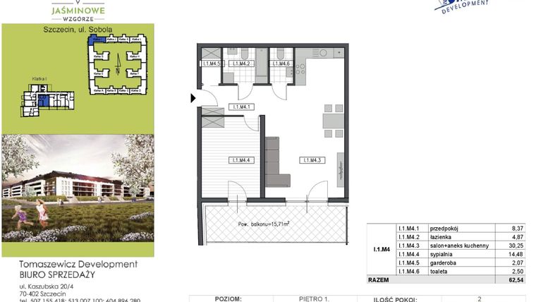 Rzut - Mieszkanie na sprzedaż 2 pokoje o powierzchni 62,54 m² - numer I1M4 w Jaśminowe Wzgórze - etap II