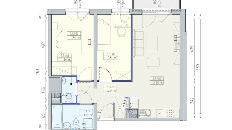 Rzut - Mieszkanie na sprzedaż 3 pokoje o powierzchni 55,8 m² - numer K2 7/7/4/3a w Południk 17 - budynek K2