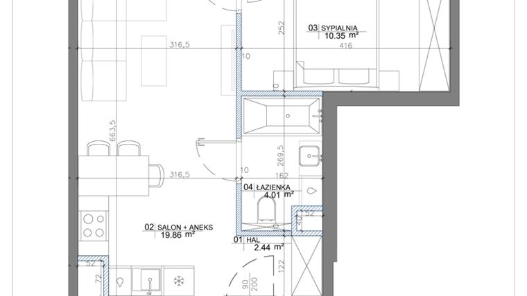 Rzut - Mieszkanie na sprzedaż 2 pokoje o powierzchni 37,43 m² - numer 2.11 w Apartamenty Potulickiego