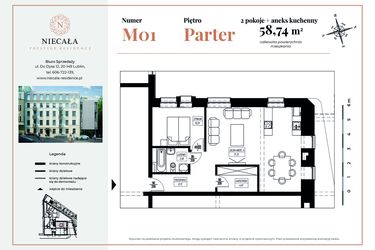 Rzut - Mieszkanie na sprzedaż 3 pokoje o powierzchni 58,74 m² - numer 1 w Niecała Prestige Residence