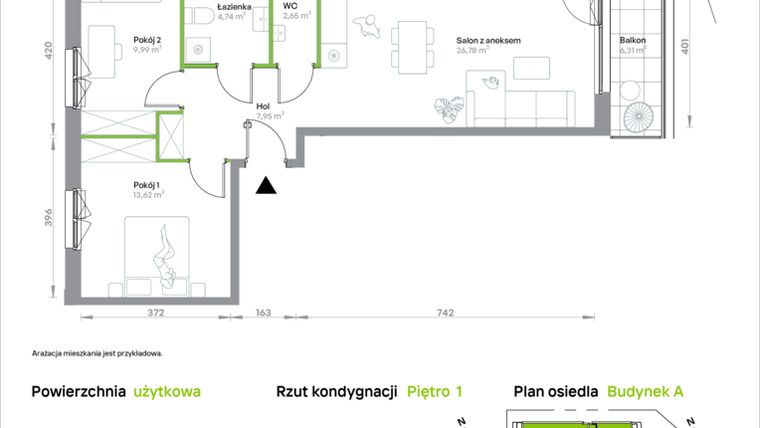 Rzut - Mieszkanie na sprzedaż 3 pokoje o powierzchni 65,73 m² - numer A/1/23 w Krakowska Vita