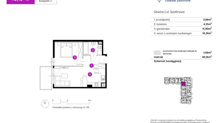 Rzut - Mieszkanie na sprzedaż 1 pokój o powierzchni 40,16 m² - numer 2.A.3.10 w Murapol Osiedle Szafirove II