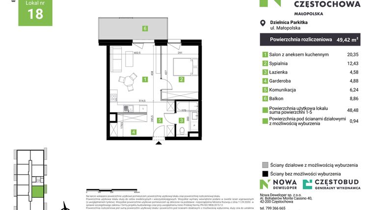 Rzut - Mieszkanie na sprzedaż 2 pokoje o powierzchni 49,42 m² - numer E18 w Nowa Częstochowa Małopolska etap II