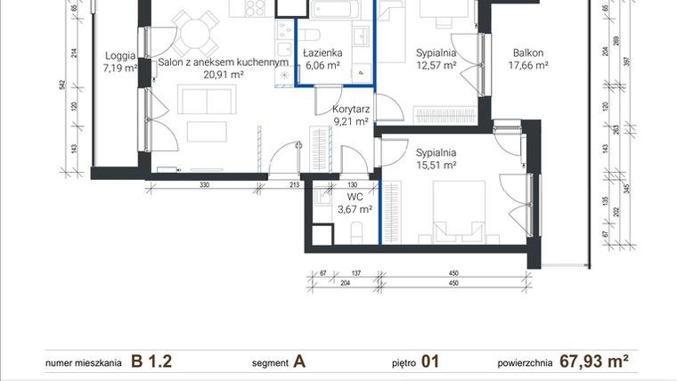 Rzut - Mieszkanie na sprzedaż 3 pokoje o powierzchni 67,93 m² - numer B 1.2 w Nowe Zabłocie