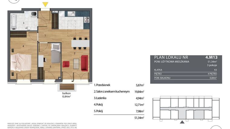 Rzut - Mieszkanie na sprzedaż 3 pokoje o powierzchni 51,92 m² - numer K3.4.M13 w Nyska Residence