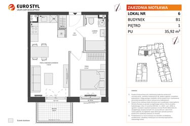 Rzut - Mieszkanie na sprzedaż 2 pokoje o powierzchni 35,92 m² - numer B1.6 w Zajezdnia Motława