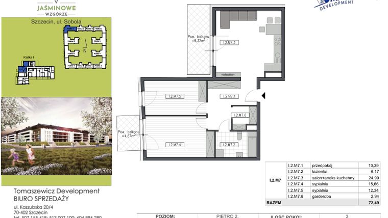 Rzut - Mieszkanie na sprzedaż 3 pokoje o powierzchni 72,49 m² - numer I2M7 w Jaśminowe Wzgórze - etap II