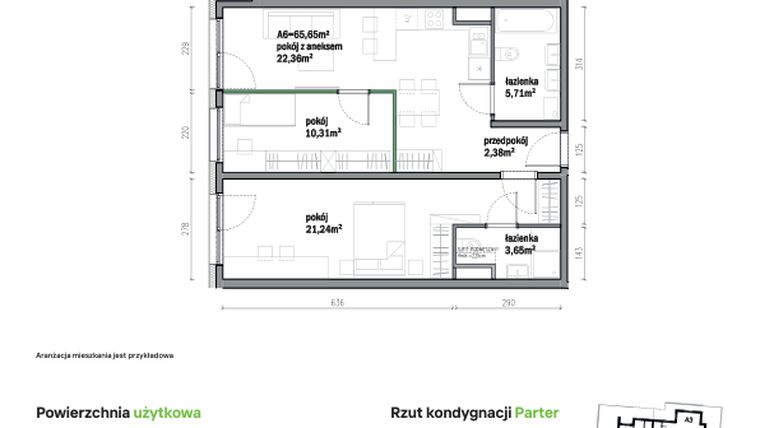 Rzut - Mieszkanie na sprzedaż 3 pokoje o powierzchni 65,65 m² - numer A06 w Traugutta Vita