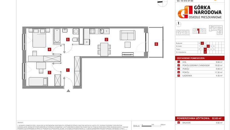Rzut - Mieszkanie na sprzedaż 3 pokoje o powierzchni 52,63 m² - numer GN_4_1_H_22 w Osiedle Górka Narodowa