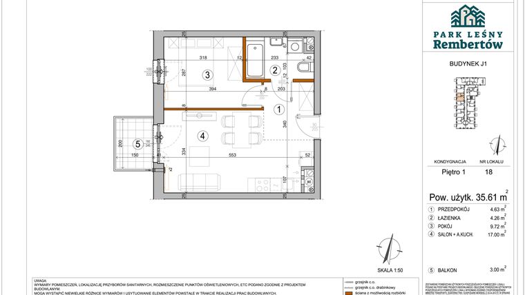 Rzut - Mieszkanie na sprzedaż 2 pokoje o powierzchni 35,61 m² - numer J1-18 w Park Leśny Rembertów etap VIII